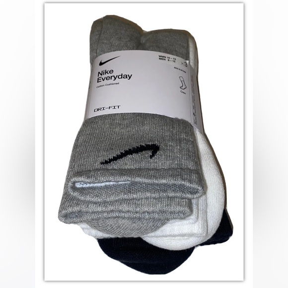 Nike Everyday Crew Socks 3 Pair Men 8-12 Wmn 10-13 Gray White Black Logo Cushion - Picture 12 of 12